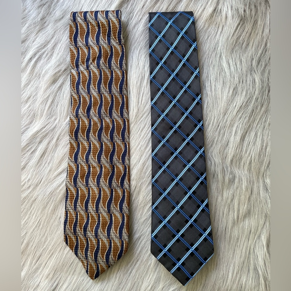 Geoffrey Beene Blue and Brown Patterned Silk Neckties - Pair